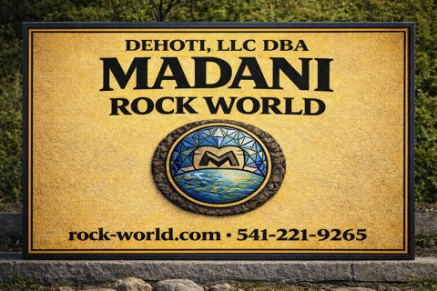Madani Rock World roadside sign on Highway 97 in Central Oregon